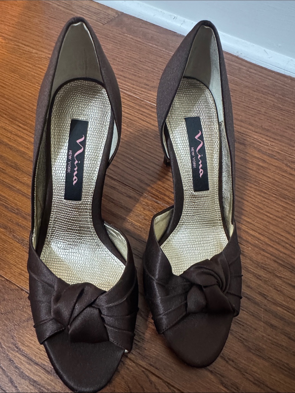 Nina Brown Satin Peep-Toe Knot Pumps